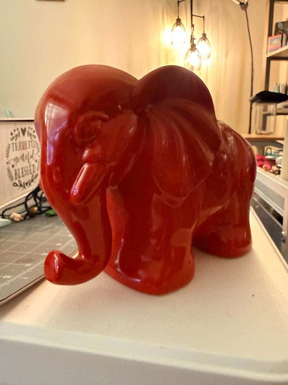 Vintage Red Ceramic Glossy Elephant Figurine Statue